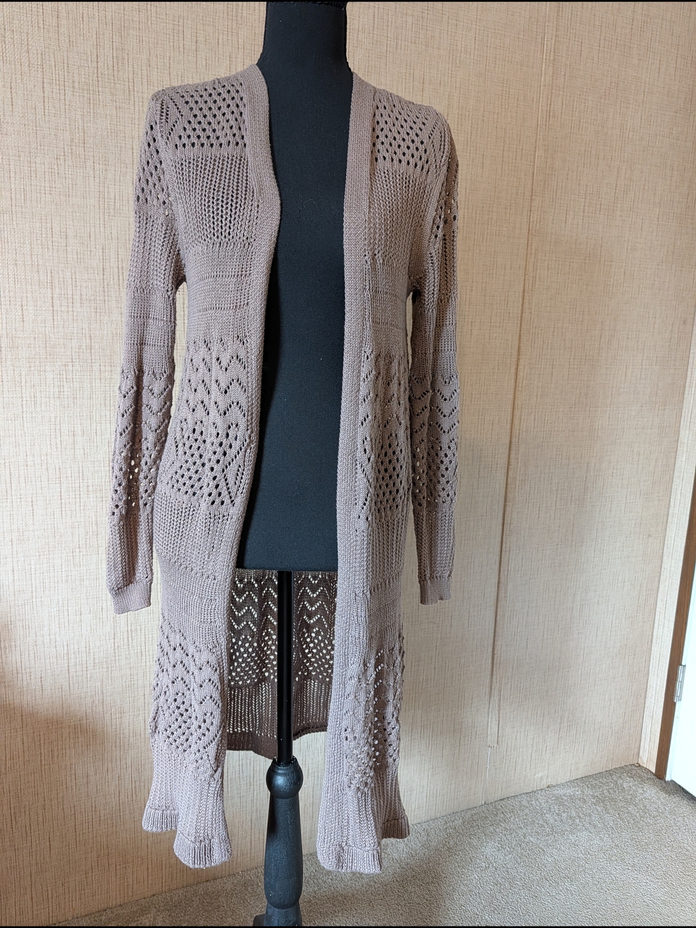 Chelsea & Theodore Taupe Open-Front Longline Knit Flowy Cardigan